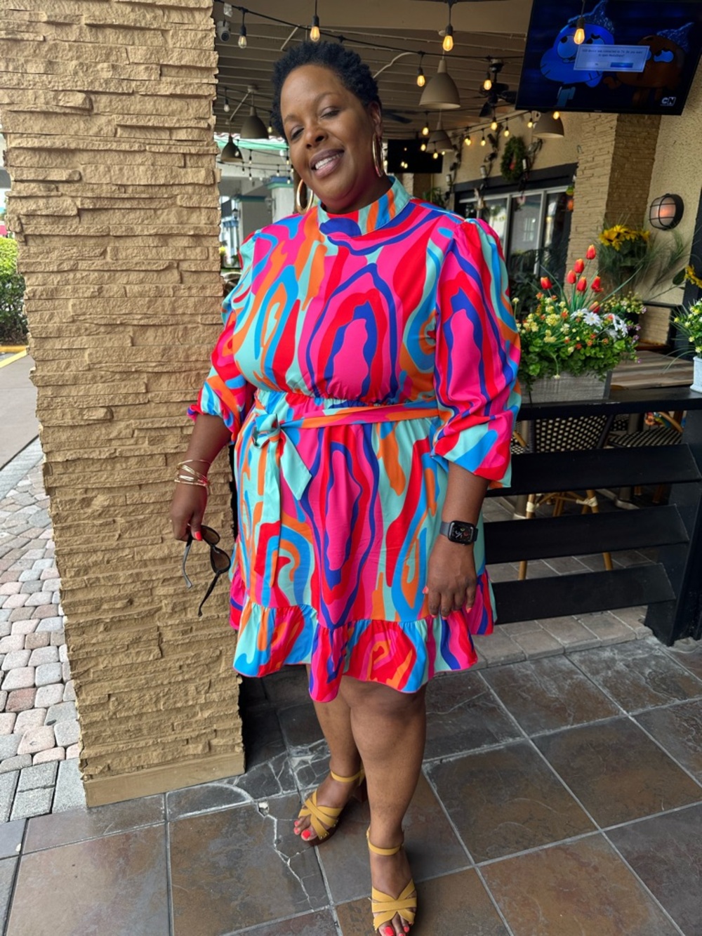 Vibrant Multicolor Abstract Print Puff-Sleeve Dress